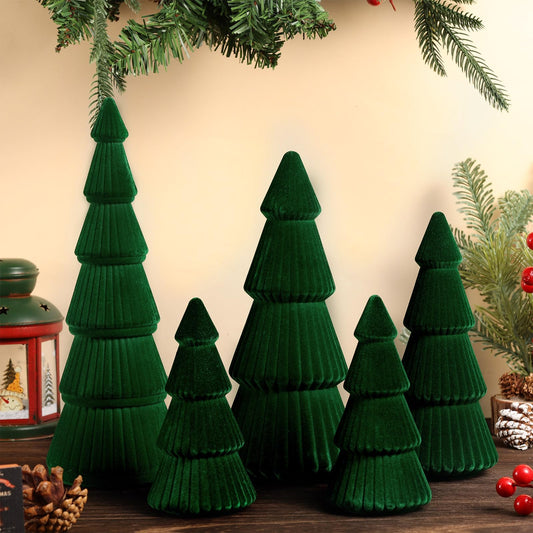 5 Pieces Christmas Velvet Trees Set Modern Christmas Decor 4 Szies Christmas Velvet Cone Trees Table Decoration Winter Decoration for Entryway Mantle Farmhouse(Green)