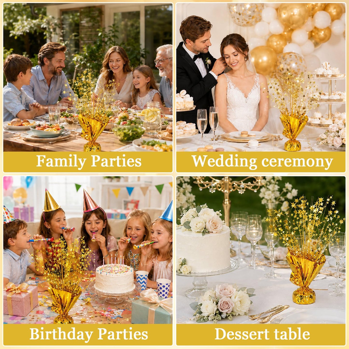 18 Pack 2026 Graduation Table Centerpiece Decoration Metallic Foil Spray Centerpiece Glitter Star Brust Table Topper Decoration for Graduation Birthday New Year Holiday Party Supplies (Gold)