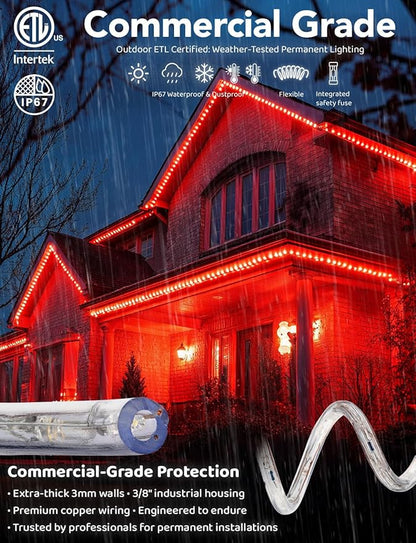 WYZworks 288LEDs 25ft LED Outside Rope Lights, Outdoor ETL Certified Waterproof Permanent 360 Degree Light Emitting, Flexible Tube, Connectable, Christmas Palm Tree Exterior Landscape, Red