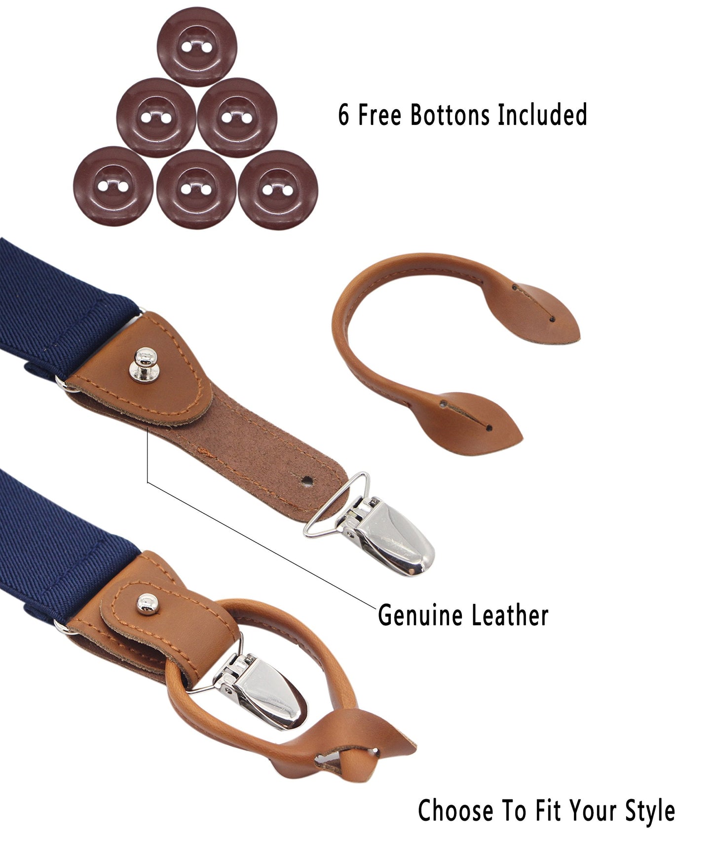JAIFEI Button Suspenders for Men, 2-in-1 Clip-On & Button-On Dress Suspenders with Genuine Leather Ends, Y-Back, 1.4" Wide (Navy)