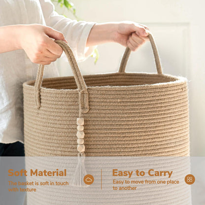 Goodpick Boho Jute Laundry Hamper Basket, Wicker Laundry Basket with Handles, Tall Baby Nursery Hamper, Large Woven Blanket Storage for Living Room, Bedroom, 16" x 20"