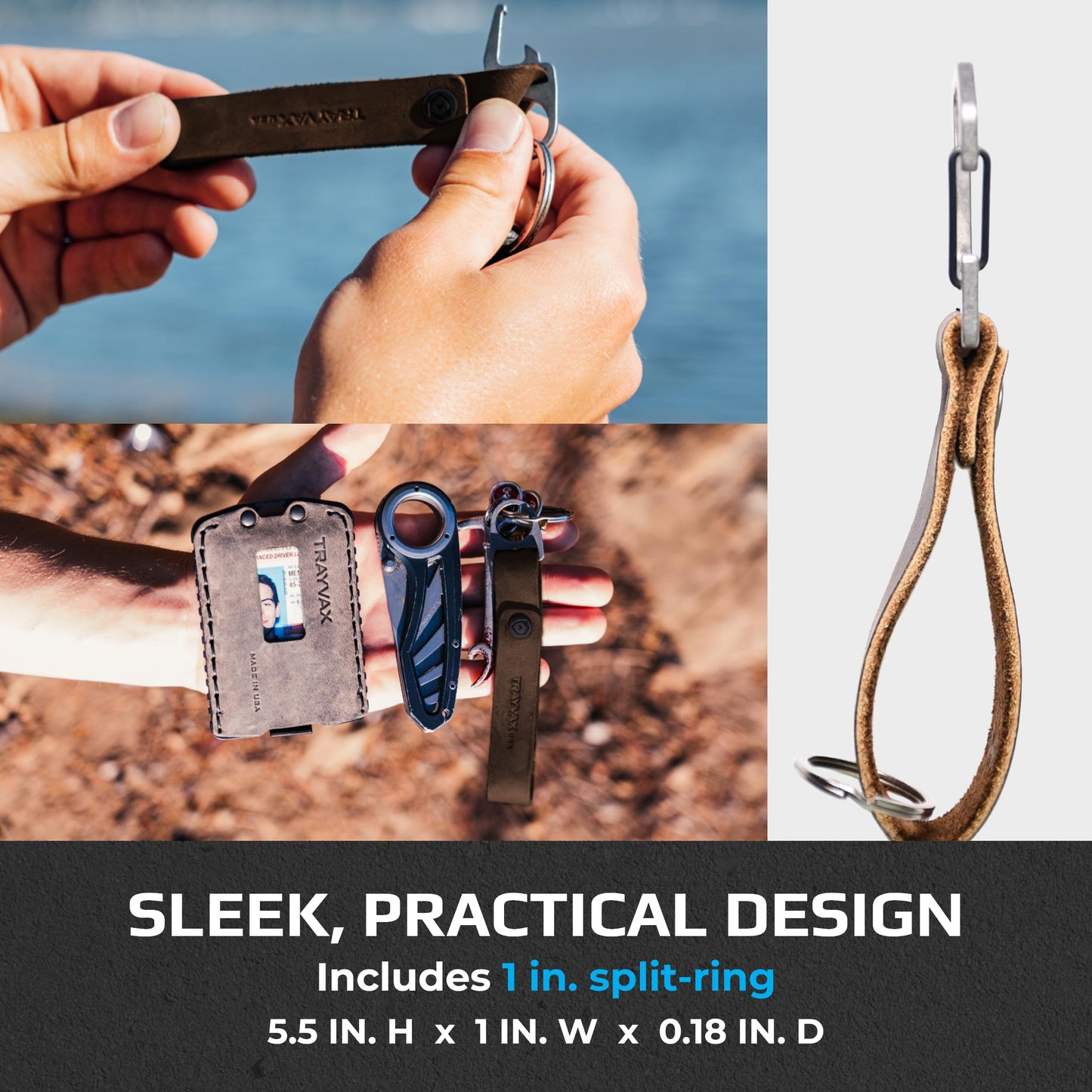 Trayvax Keyton Leather Keychain, Quick Release Carabiner Clip Key Chain for Men and Women, Stainless Steel, Raw Mississippi Mud