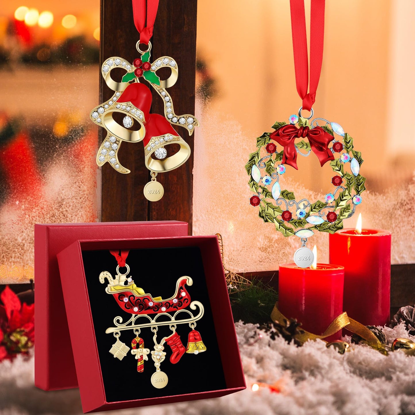 3 Pcs 2026 Christmas Crystals Hanging Ornaments Snowflake Snowman Holiday Ornament Shimmer Metal Bell Wreath on Ribbon with Gift Box for New Year Gift Xmas Tree Sun Catcher Home Hanging Decor(Holiday)