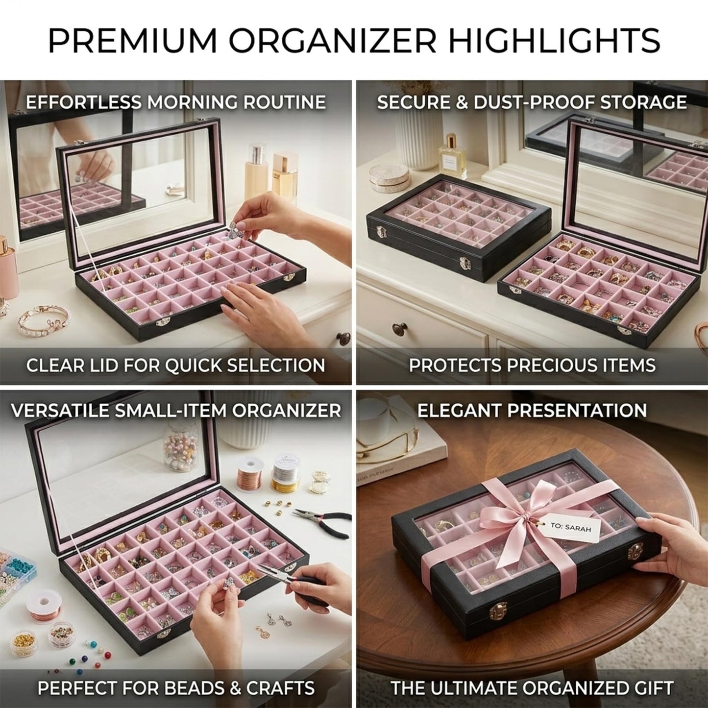 Stratalife Jewelry Organizer 48 Grid Jewelry Tray with Clear Lid Dust-proof Velvet Earring Organizer Necklace Rings Holder Display Drawer Storage Case for Women Pink Black