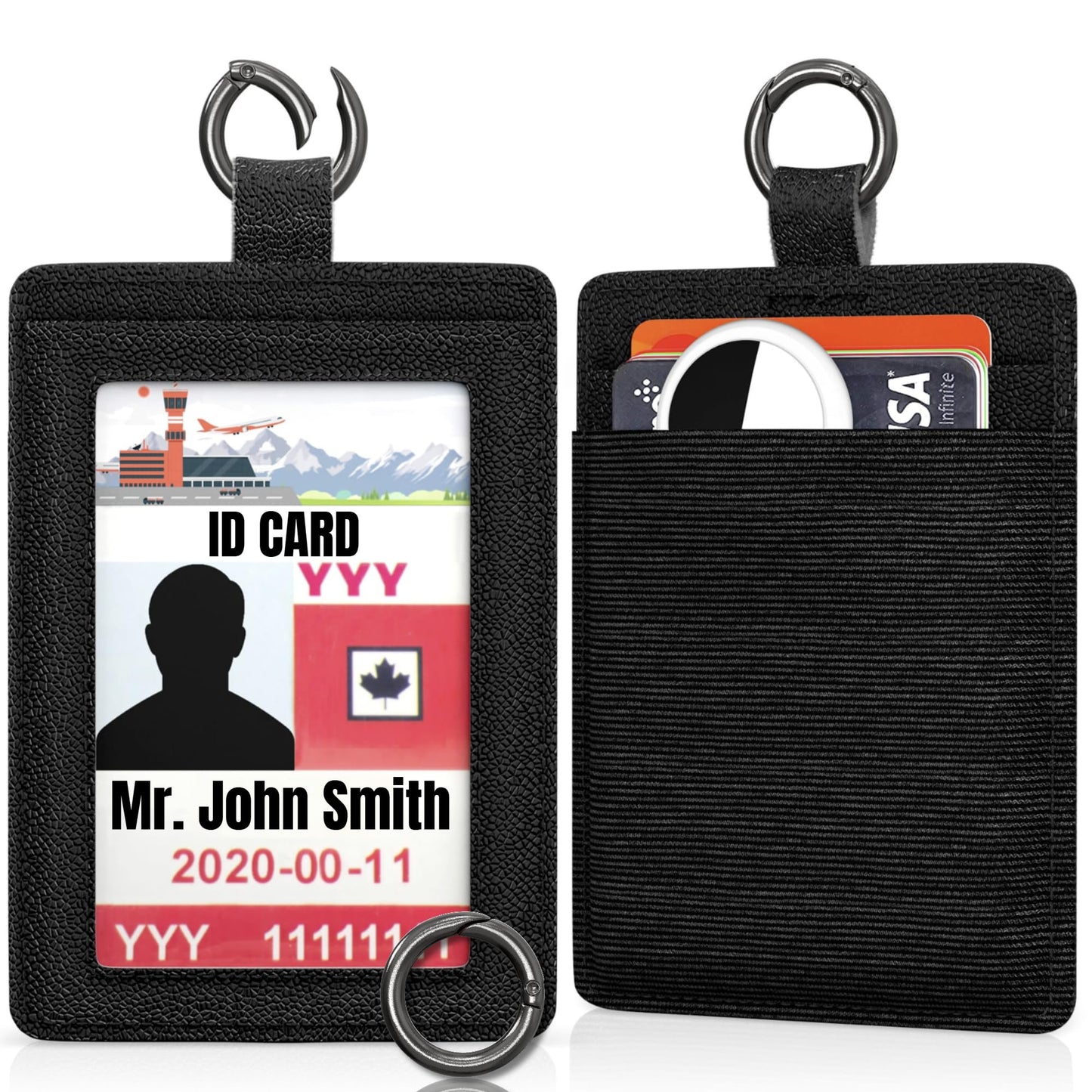 EDO GOT Black Genuine Leather ID Badge Holder for a Lanyard or Belt Loop, Premium ID Card Holder Multinational Design with Spring Ring Clasp, Elastic Back Card Pocket, ID Swipe Badge (Black)