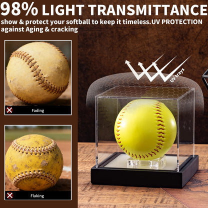 Softball Display Case with LED Light and Solid Wood Base, UV Protected Acrylic Display Box for Memorabilia, Signed Balls Showcase, No Assembly Required