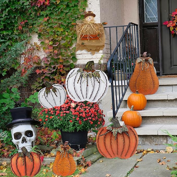 Metal Pumpkin Stakes Yard Signs Fall Decor Decorative Garden Stake Lawn Pumpkins Ornaments Outdoor Autumn Decoration for Harvest Halloween Thanksgiving (17.5" H+26" H White)