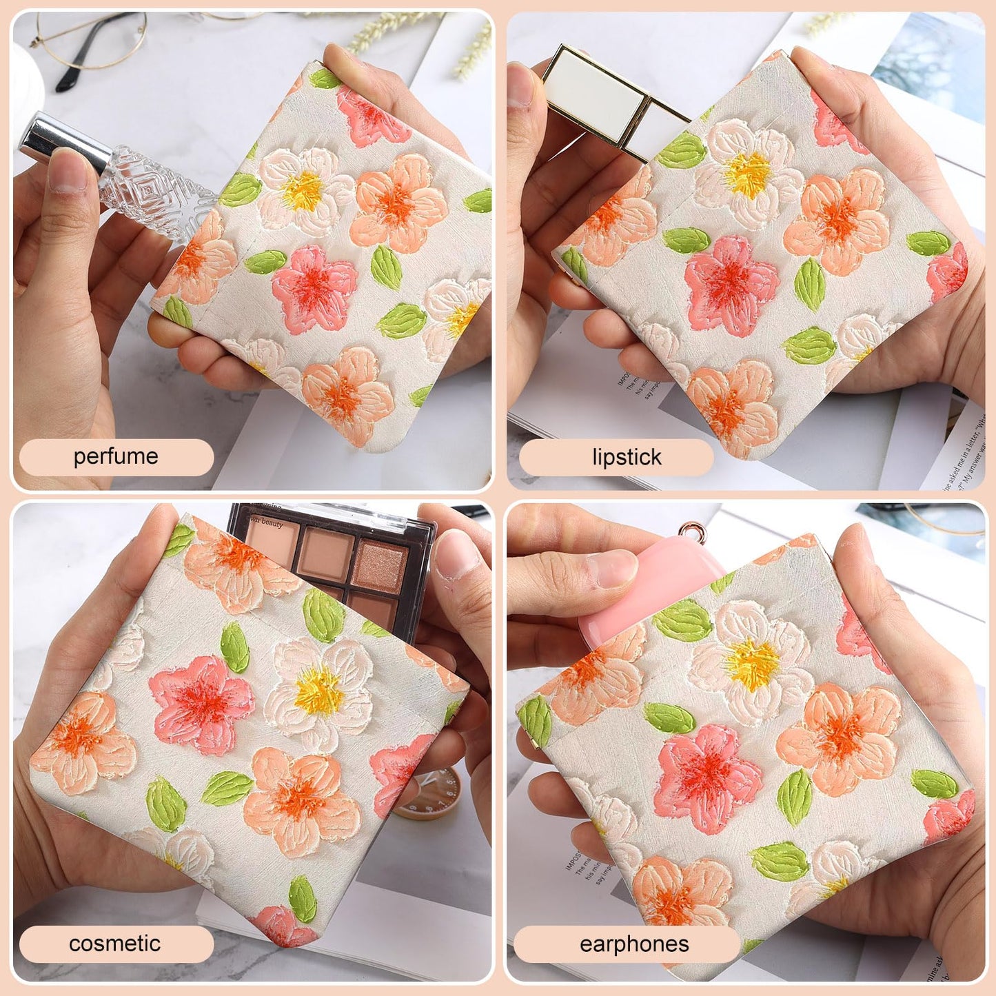 2Pcs PU Leather Small Squeeze Coin Purse Pouch Mini coin Bag Unique And Cute Wallet Cosmetic Bags Change Bag For Women Girls Men （Pink and Yellow Flowers L