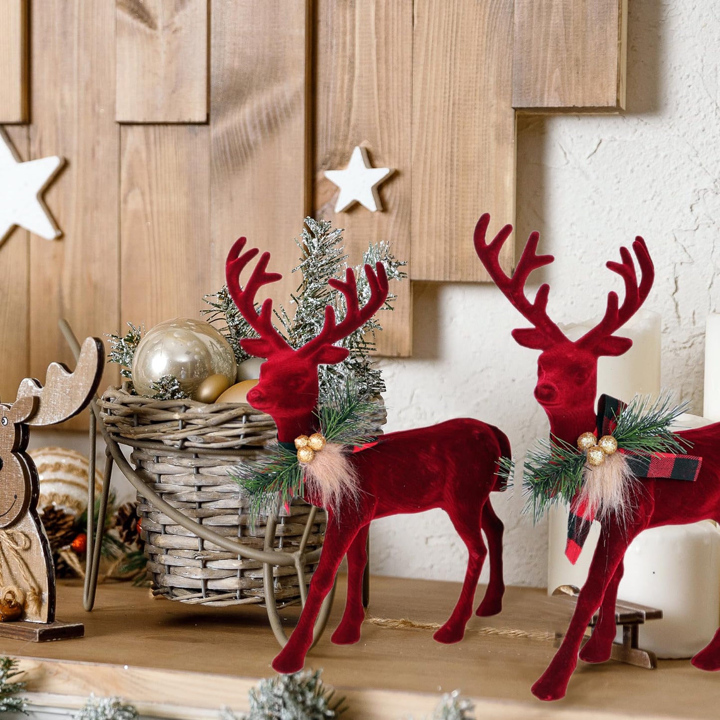 Lotus Hills 2 pcs Reindeer Christmas Decorations, Flocking Christmas Reindeer Figurines with Red Buffalo Plaid Bow, Deer décor Christmas Table Centerpieces Decorations