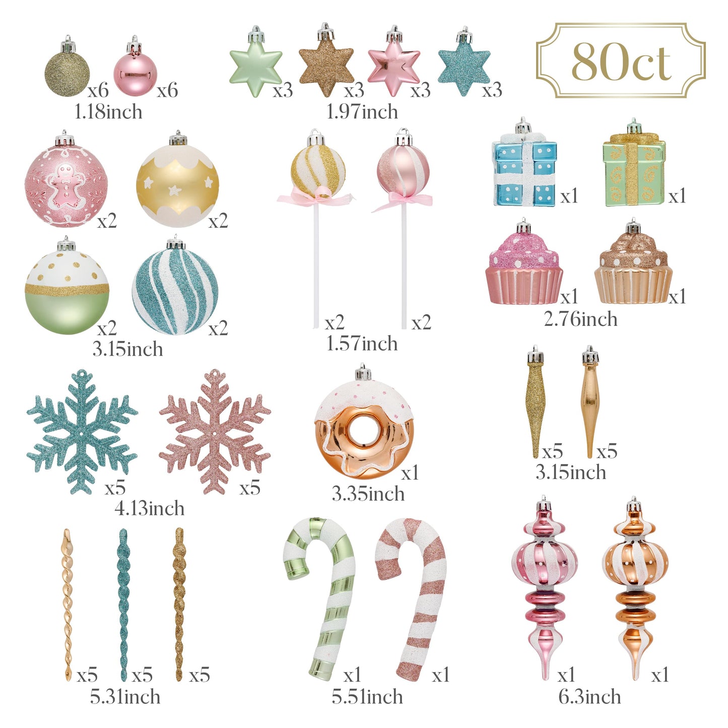 Valery Madelyn Christmas Ball Ornaments Set, 80ct Candyland Macaron Pastel Shatterproof Christmas Tree Decorations, Variety Decorative Hanging Ornaments Bulk for Xmas Holiday Party Decor
