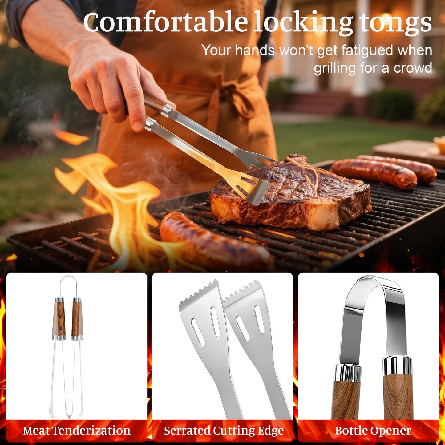 KOBENDA BBQ Grill Accessories, Stainless Steel Grilling Set with Storage Bag, Spatula, Fork, Cleaning Brush BBQ Accessories, Grill Tools Set for Outdoor Cooking Camping, Grilling Gifts for Men