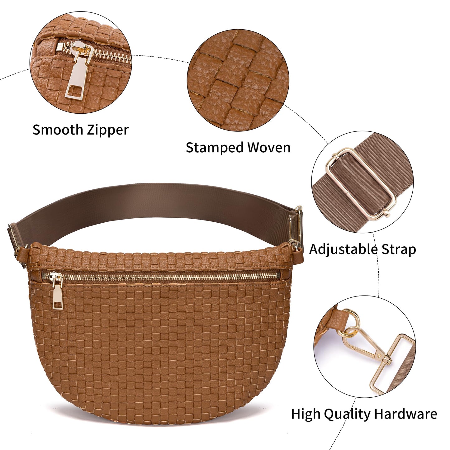 AMZFROG Woven Crossbody Bag for Women Stylish Casual Oversized Bum Bag Sling Purses Vegan Leather Fanny Pack Chest Bag with Adjustable Strap for Outdoor Travel Brown