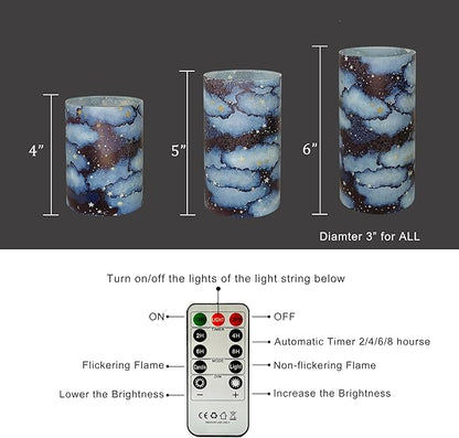 Flickering Flameless Candles Night Sky Stars Print, Embedded Star String Lights, Battery Operated Acrylic LED Pillar Candles with 11-Key Remote and Timer for Home Decoration, 3 Pack