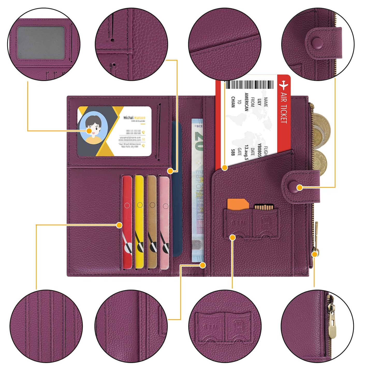 WASON Leather Passport Cover Travel Wallet RFID Blocking – Passport Holder Slot with Zipper Pocket for lD, Boarding Pass,Ticket, Cash, SD Card, Travel Essentials for Men and Women (Purple)