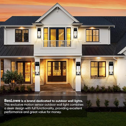 BesLowe Upgraded Motion Sensor Outdoor Wall Light, 18" Large Dusk to Dawn Porch Sconce Lantern, 3 Lighting Modes Exterior Fixture Wall Mount, Black Outside Light for House Garage