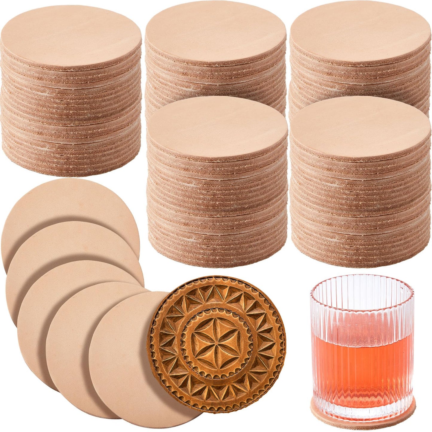 Bulyoou 50 Pack Round Vegetable Tan Leather 3-1/4" Tooling Veg Circular Leather Pieces Sheet for Laser Engraving Coasters Tooling Stamping Carving, Thickness 3.2 mm