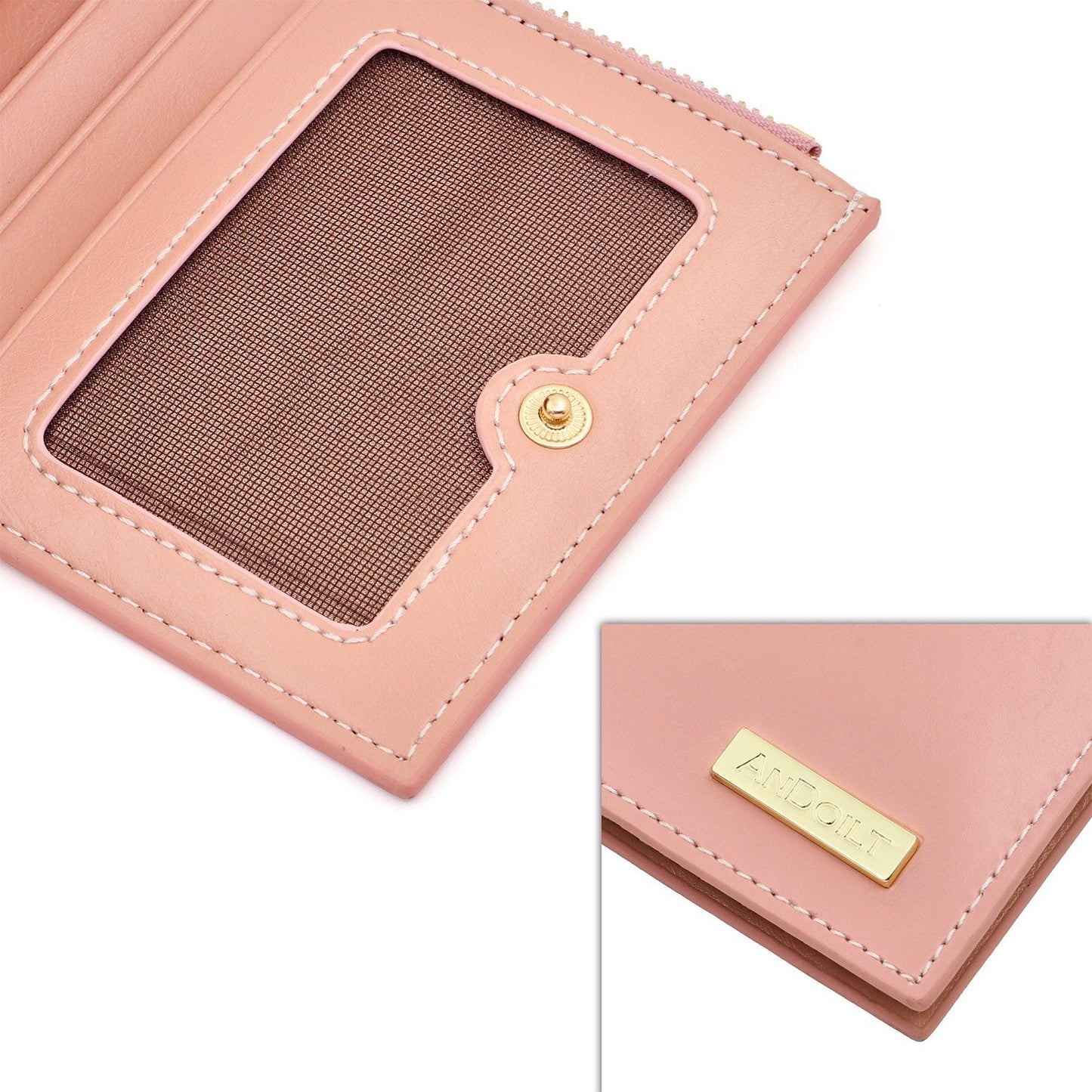 ANDOILT Women's Genuine Leather Wallet RFID Blocking Credit Card Holder Zipper Purse Cell Phone Handbag Pink