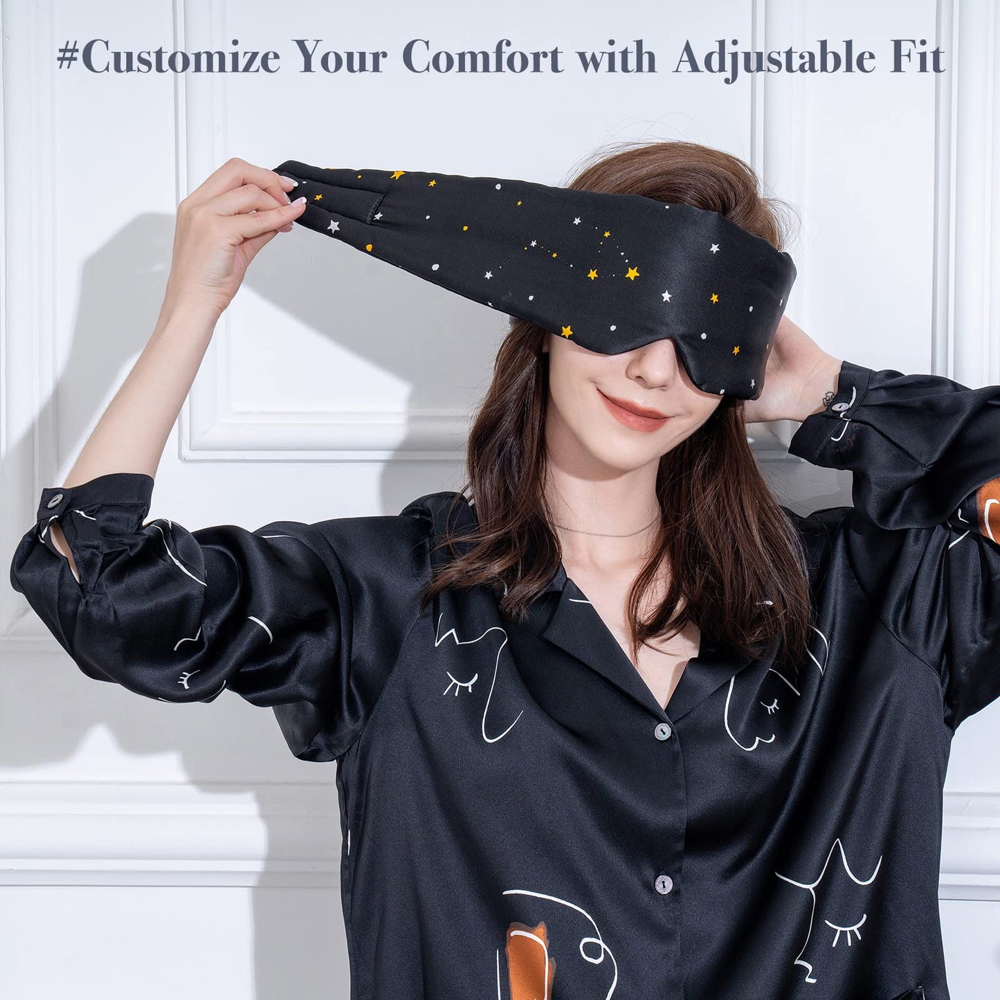 Silk Sleep Mask for Women Men, Mulberry Silk Eye Sleeping Mask & Blindfold with Adjustable Velcro Strap, Blackout Eye Cover for Sleep Travel Yoga Nap, Large Size, Black