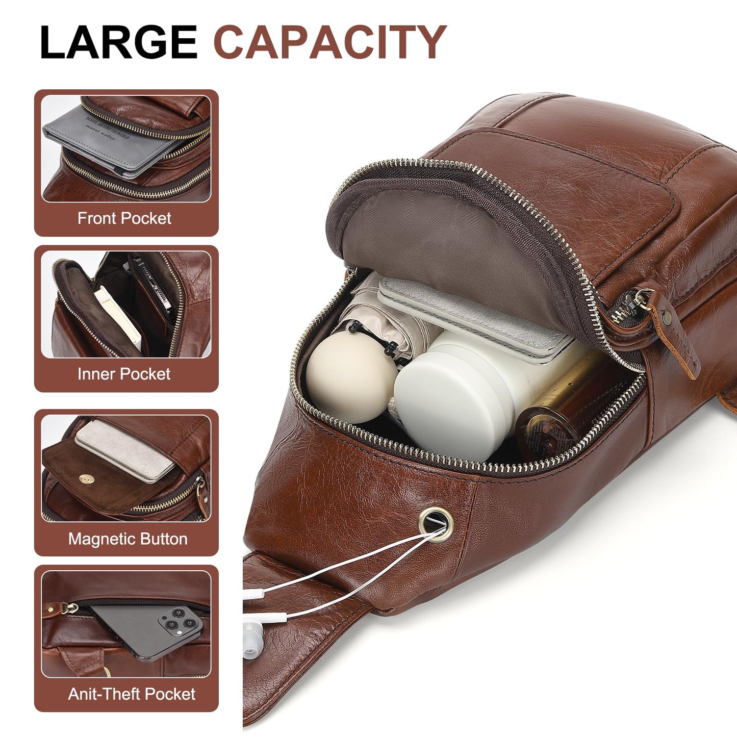 SUIKIHUM Full-Grain Leather Crossbody Bags for Men Women, Vintage Genuine Leather Sling Bag, Trendy Casual Chest Bag, Light Brown