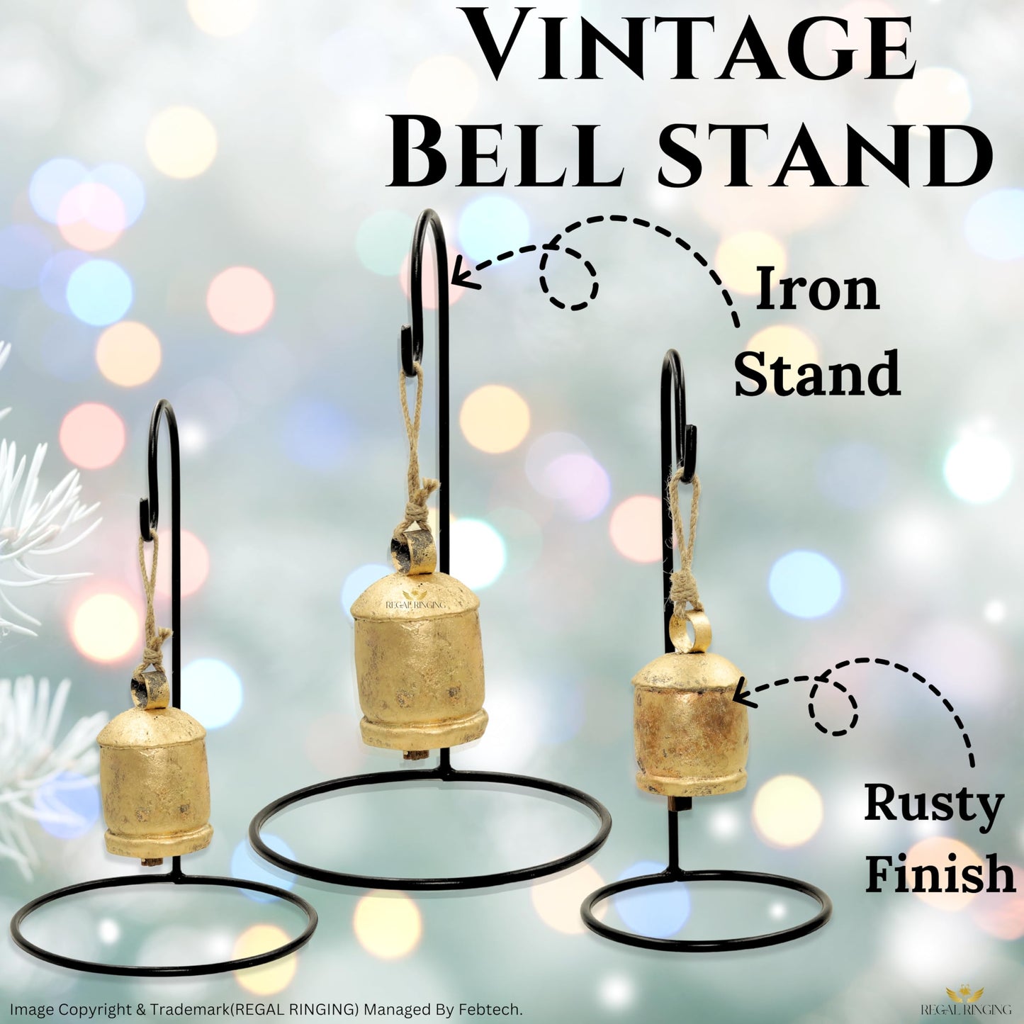 Pack of 3 Golden Bells with Metal Stand in Black Colour in Single Pack, Harmony Cow Bells Christmas Hanging XL Bells On Rope (3, Round)
