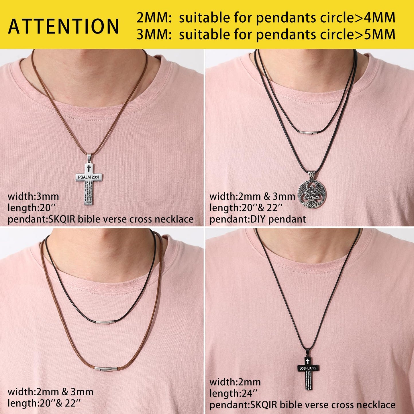 SKQIR 2mm Black Waterproof Braided Leather Cord Necklace with Durable Stainless Steel Snap Clasp Men Women Woven Wax String Rope Chain for DIY Pendant Length 26"