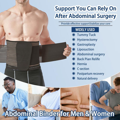 Reian Abdominal Binder for Post Surgery & Postpartum Recovery, Abdomen Hernia Support Belt for Women & Men (Black, Large)