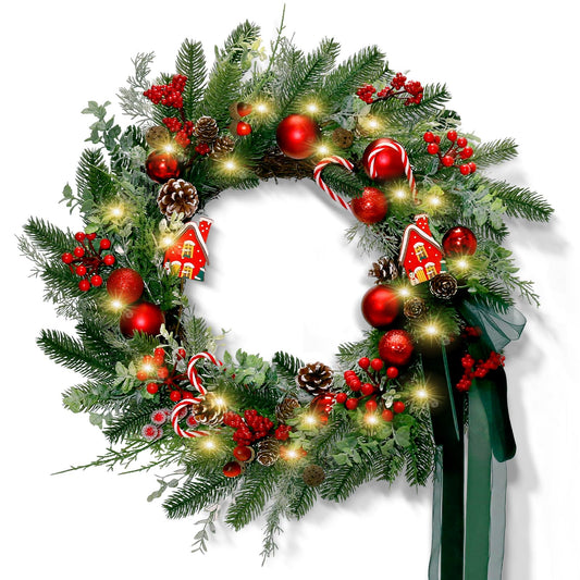 20" Christmas Wreath for Front Door, Christmas Door Wreath Decoration with Ball Ornaments, Red White Candy, Pine Cones Berries & Bow, Holiday Decoration