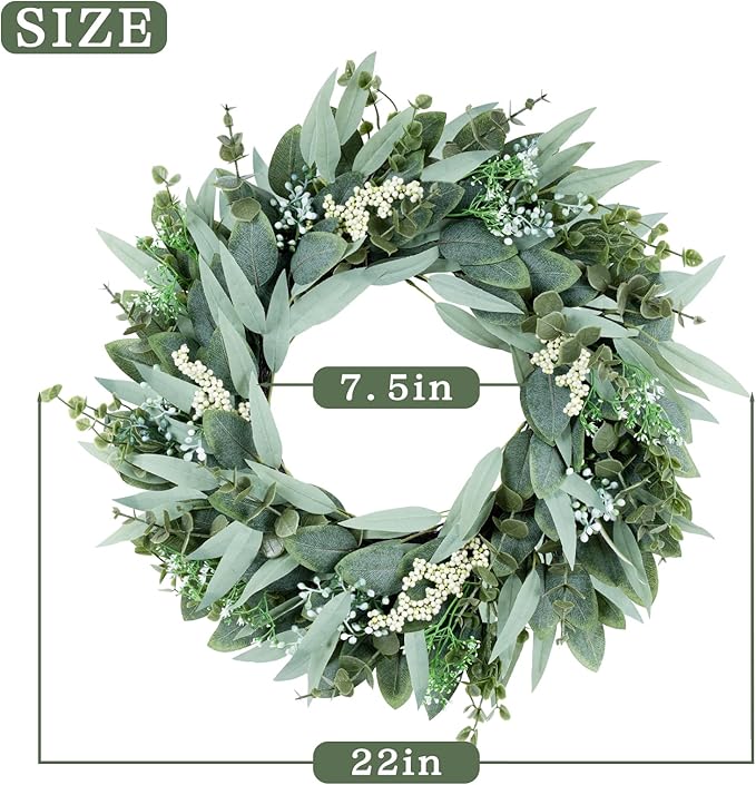 Eucalyptus Wreaths 22" Large Artificial Greenery Outdoor/Indoor Wreath Spring/Summer Wreath Green Wreaths for Front Door Porch Window Wall Hanging Decor All Year Round Wre-ath（Green）