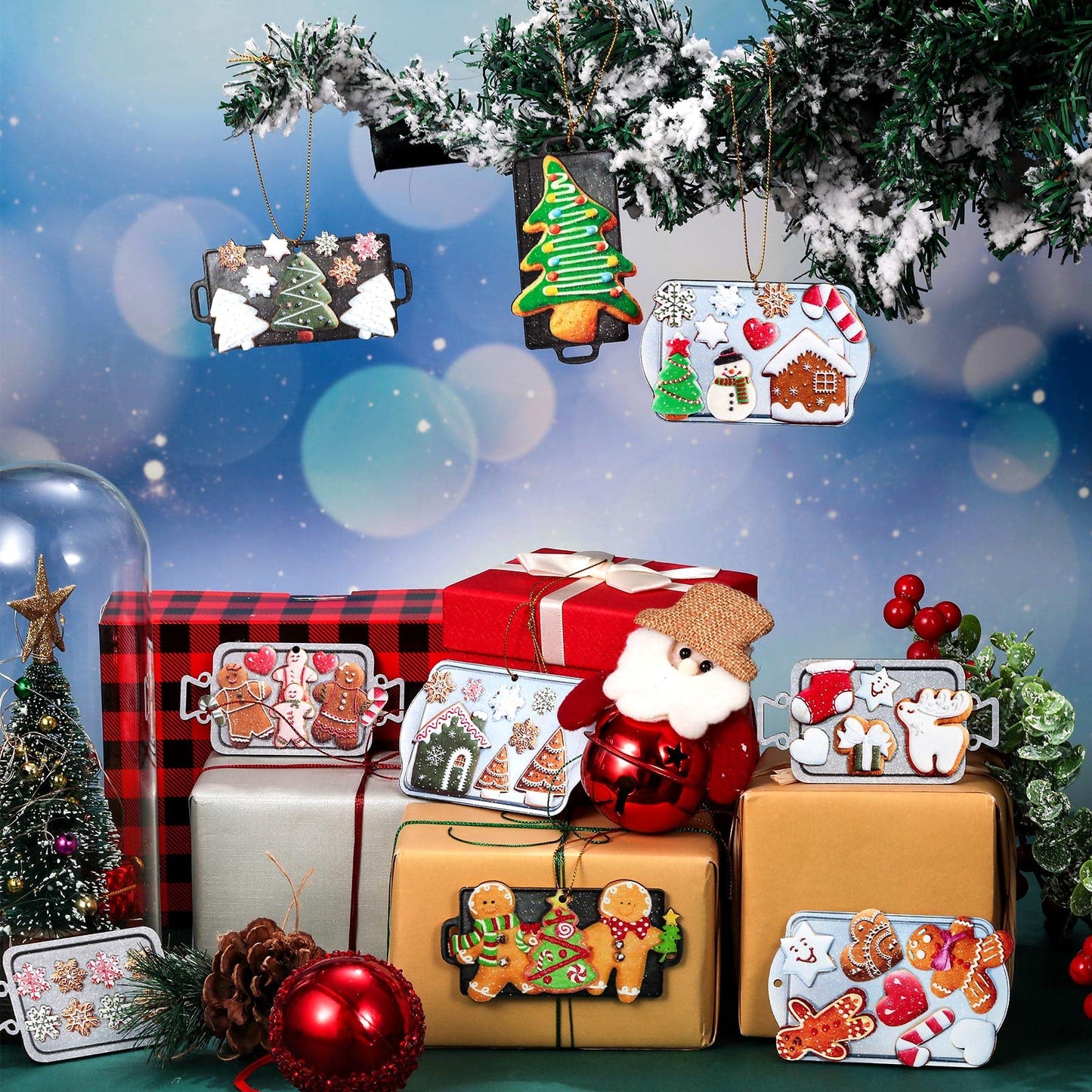 Karenhi 27 Pcs Christmas Gingerbread Man Cookie Tray Ornaments for Tree Wood Baking Cookie Candy Cane Snowflake Star Sock Elk Tray Hanging Decorations for Xmas Tree Party Kitchen Home Decor