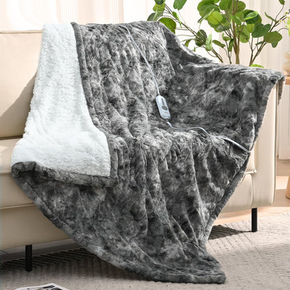 Bearhug Electric Blanket King Size 100" x 90", Dual Controller Heated Blanket, White Flower Patterns Faux Fur & Warm Sherpa, 10-Heat Levels & 1-12H Auto Off,ETL, Machine Washable