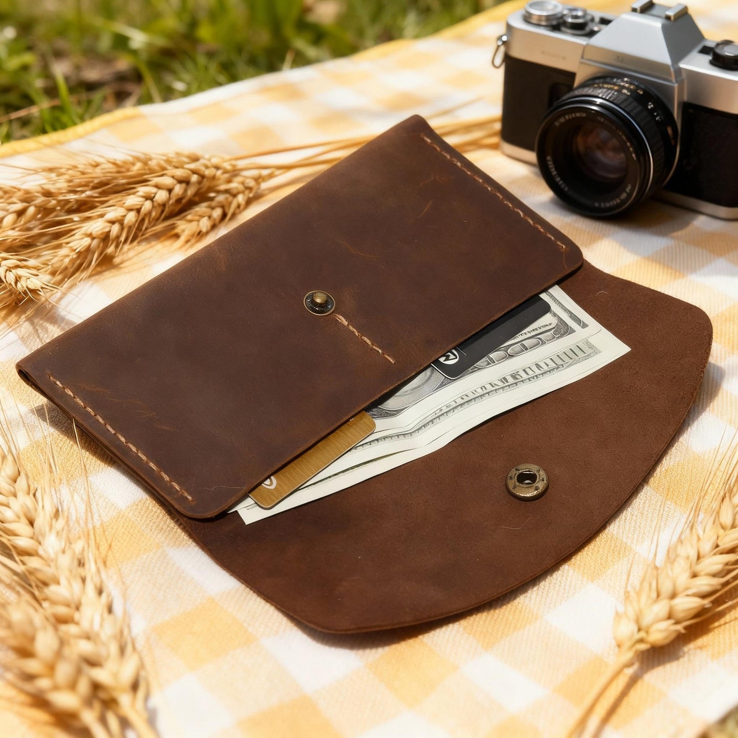 Handmade Crazy Horse Genuine Leather Envelope Wallet, Card Holder with 2 Card Slots Vintage Slim Hand-Stitched Wallet