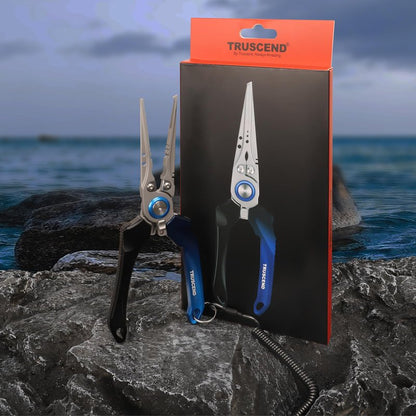 TRUSCEND Lockable Fishing Pliers with High Tungsten Carbide Cutter, Innovative Ergonomic Handy Handle, Saltwater Corrosion Resistant Teflon Coated Fishing Tool, Super Light Multi-Function Fishing Gear