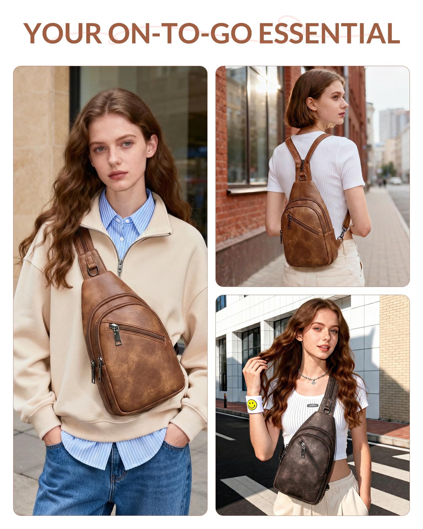SYTRAH Sling Bag for Women, Crossbody Bags for Women Trendy Crossbody purse Vegan Leather Sling Backpack Chest Bag with Dual purpose Strap, Beige Brown