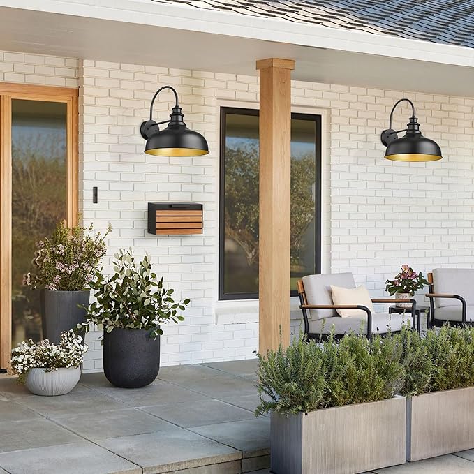 Bestshared Large Farmhouse Barn Lights 16 Inch Dome Outdoor Wall Lighting Fixture Industrial Gooseneck Sconces Exterior Mount Light, Black Outdoor Wall Lantern (1Pack, Black+ Gold)