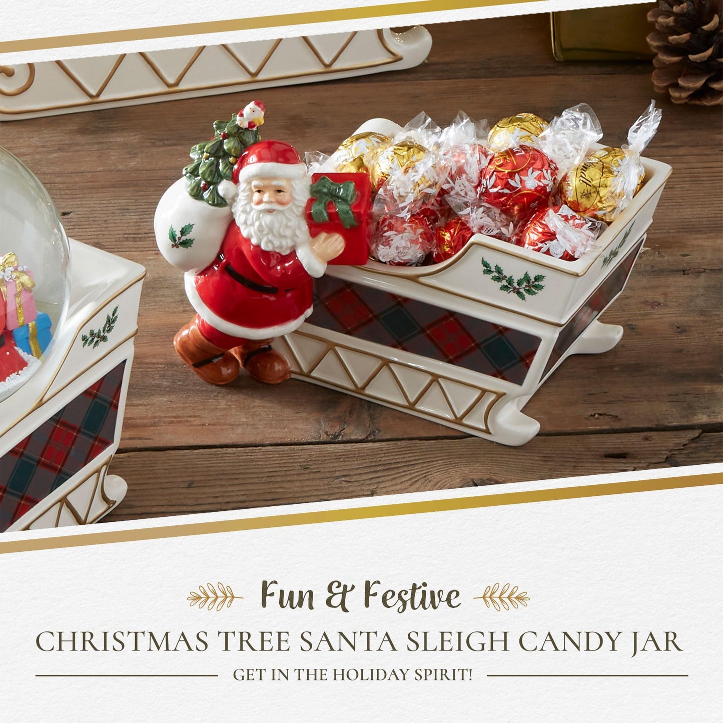 Spode Christmas Tree Santa Sleigh Candy Jar - 8-Inch Christmas Candy Storage Container - Fine Dolomite Figural Santa Sleigh Snack Jar for Holiday Decor, Dessert Tables, Gift Displays