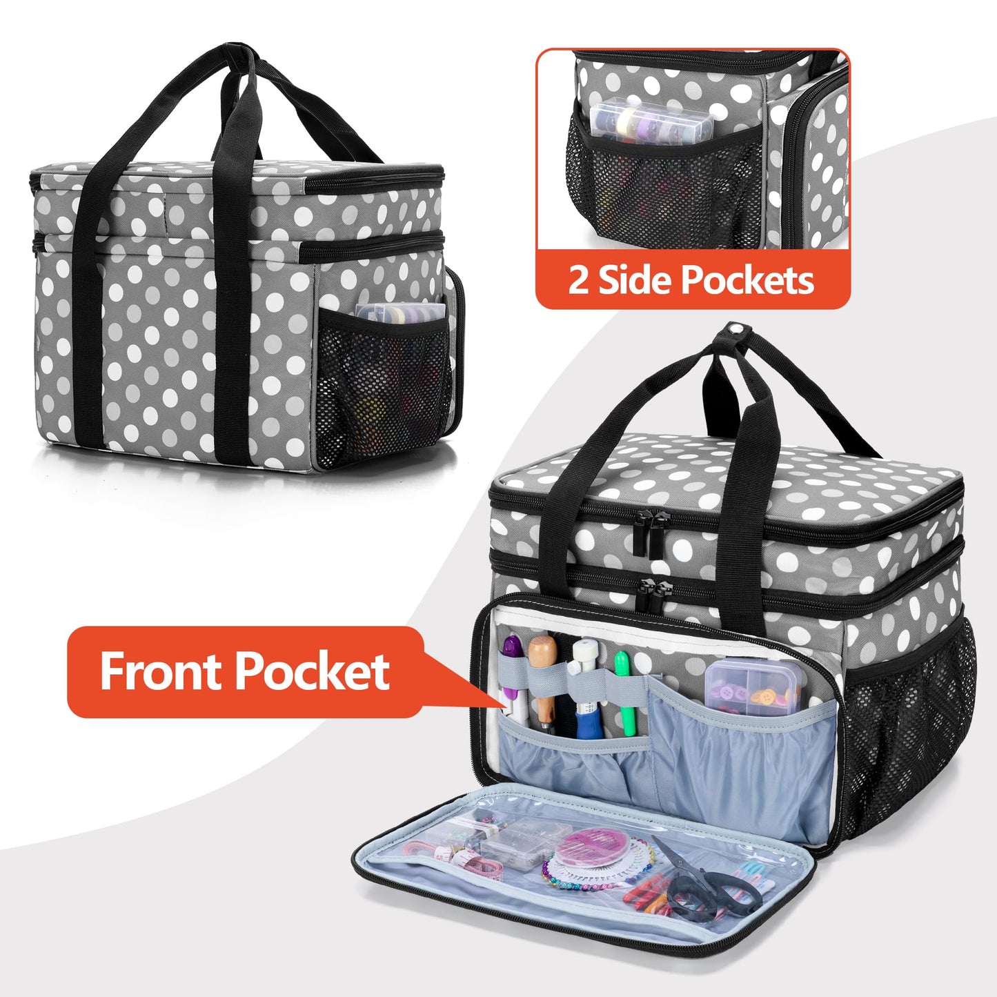 LUXJA Large Sewing Organizer with Many Compartments, 2 Layers Sewing Accessories Organizer with Varisized Pockets for Sewing and Crafting Supplies (Bag Only), Polka Dots