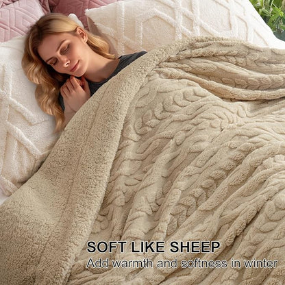 PHF Fluffy Sherpa Blanket Twin Size for Winter, Warm and Soft, 510GSM 3D Jacquard Thick Shaggy Fleece Plush Blanket for Sofa Bed, Khaki, 60"x80"