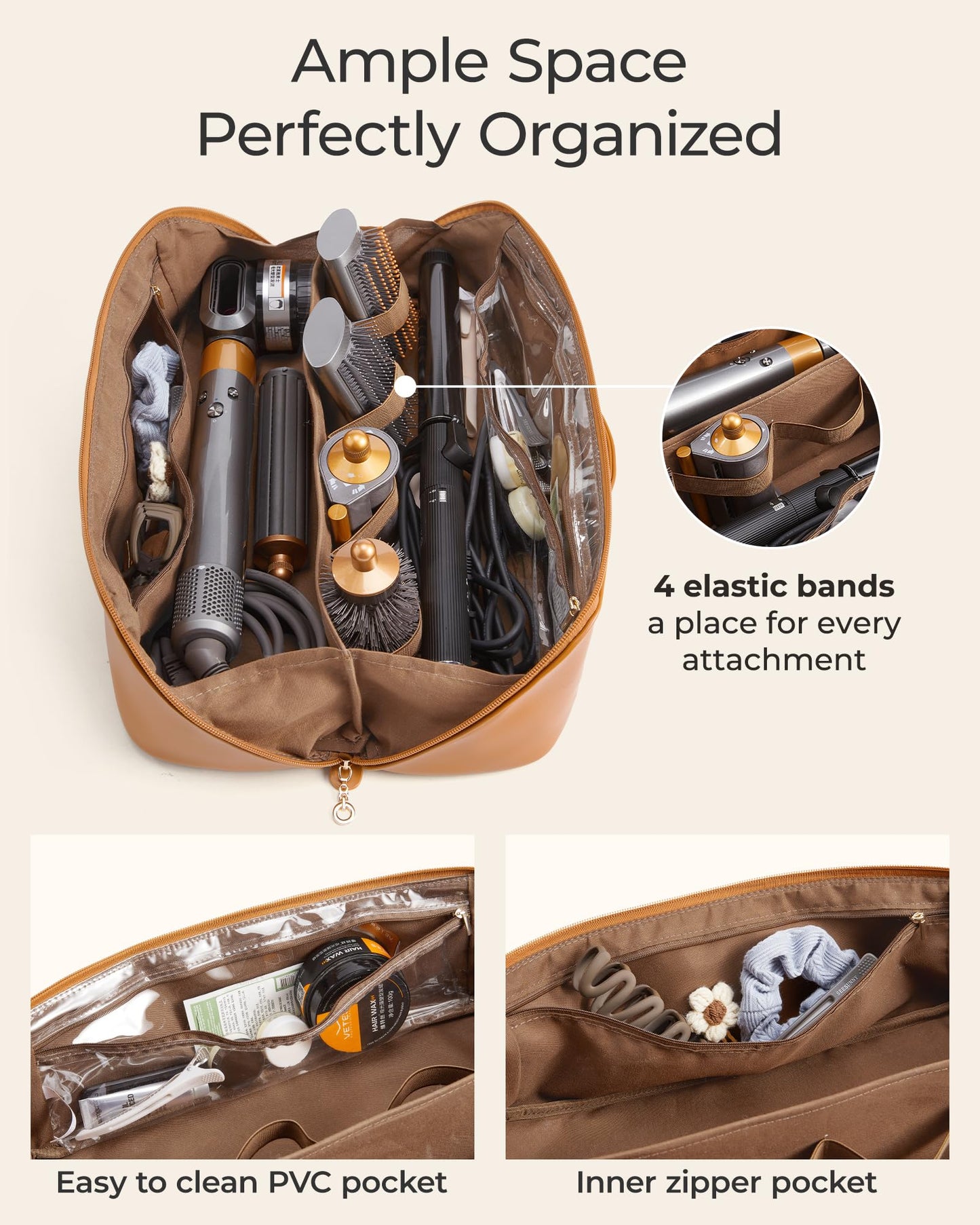 BAGSMART Hair Tool Organizer Travel Bag Compatible with Dyson Airwrap, Shark Hair Dryer, Wide-open Accessories Organizer with Heat Resistant Mat, Makeup Bag for Dyson Attachments, Curling Iron,Leather