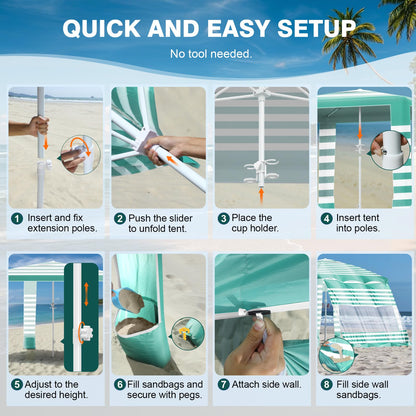 Rhino Valley Beach Cabana, 8 * 8FT Beach Tent UPF50+ Protection, Easy Setup Beach Canopy Wind Resistant with Cup Holder, Compact Beach Shade Foldable Beach Tent Sun Shelter, Green White