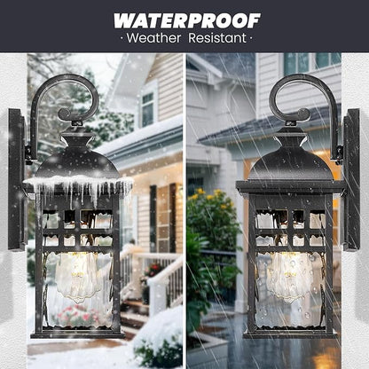 Outdoor Wall Lights Exterior Black Outdoor Light Fixtures Wall Mount with Water Ripple Glass Waterproof Anti-Rust Outside Wall Sconce Porch Lights for House Garage Doorway