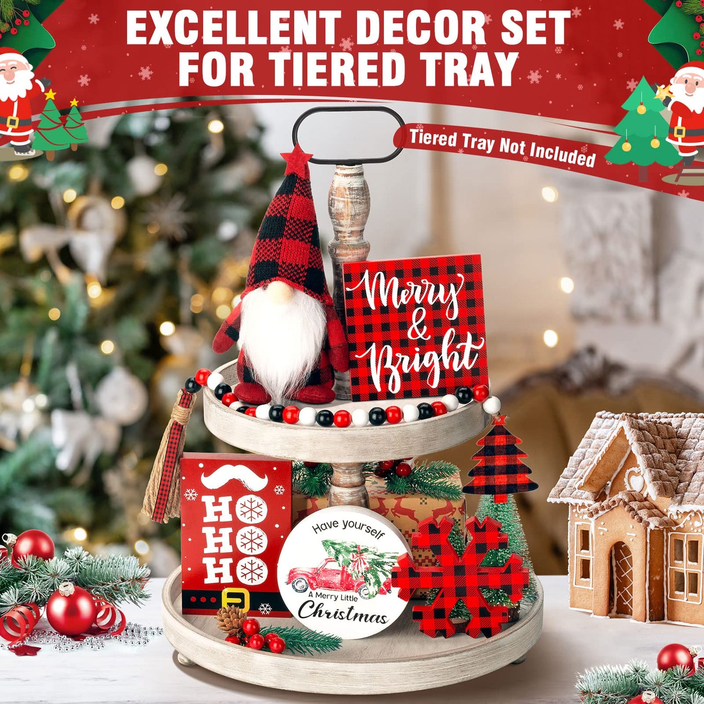 Christmas Tiered Tray Decor 6 PCS Xmas Decorations for Home - Xmas Table Decor Wooden Signs & Buffalo Plaid Gnome Plush Set - Farmhouse Christmas Tray Decoration Kitchen Table Mantel