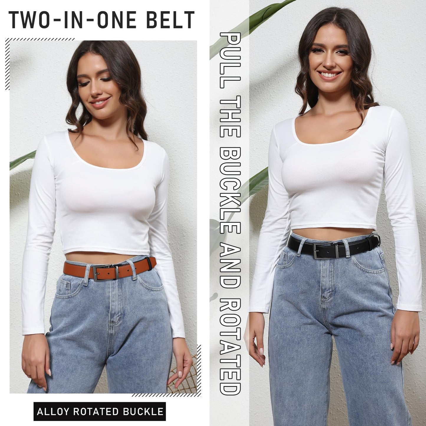 AWAYTR Reversible Leather Belt for Women - Two Color-in-One Belt for Jeans Dress Women Men Belt with Rotated Buckle(Brown/Black with Gun Color Buckle 32in-38in)