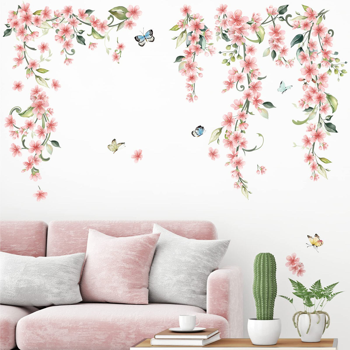 wondever Hanging Flower Vine Wall Stickers Pink Floral Peel and Stick Wall Art Decals for Living Room Bedroom TV Background