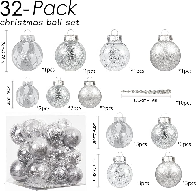 XmasExp 32ct Christmas Ball Ornaments Set -Silver Clear Plastic Shatterproof Xmas Tree Ball Decorations Hanging Baubles for Holiday Decor