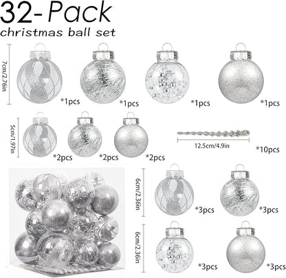 XmasExp 32ct Christmas Ball Ornaments Set -Silver Clear Plastic Shatterproof Xmas Tree Ball Decorations Hanging Baubles for Holiday Decor