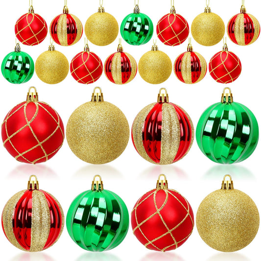 JULMELON 24PCS Christmas Ball Ornaments Hanging Balls Red Green Gold Shatterproof Decorations for Xmas Tree Home Decor for Party Holiday Wedding Anniversary DIY Craft Decor Supplies (2.36 Inches/60MM)
