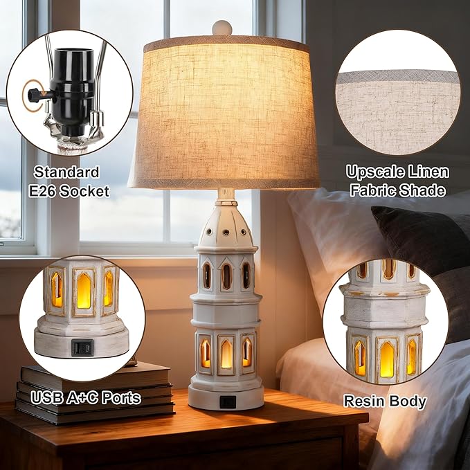 PARTPHONER Coastal Table Lamps Set of 2, Beach Lamps for Living Room with USB A+C, Nautical Lighthouse Lamps, Modern Bedside Nightstand for Bedroom, End Table and Reading