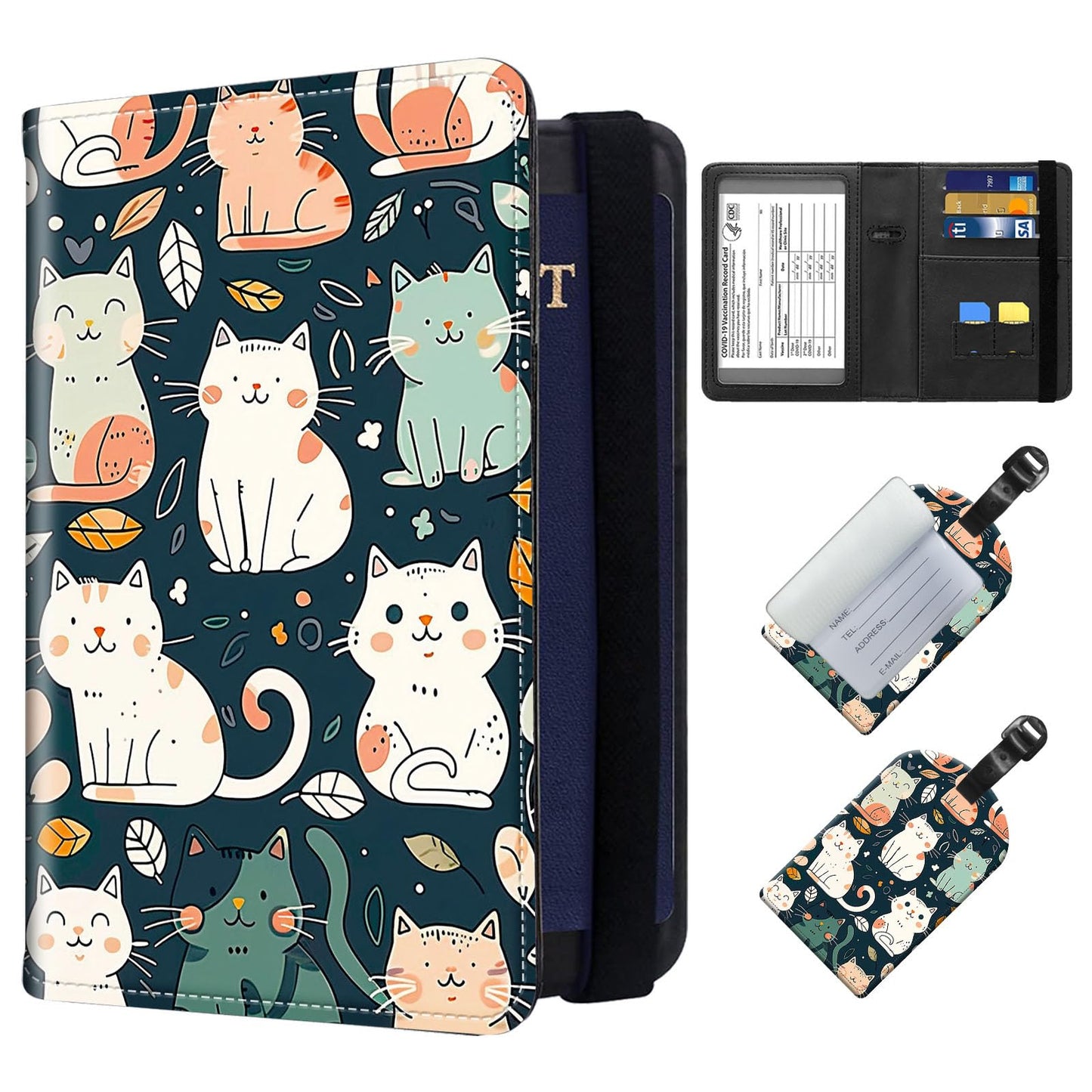 ETLKJVBL Exquisite Passport Holder for Travel Accessory, Leather Passport Cover with Space for Documents and Family Photos, Travel Passport Wallet for Women and Men Pattern Design(Cute Cats)