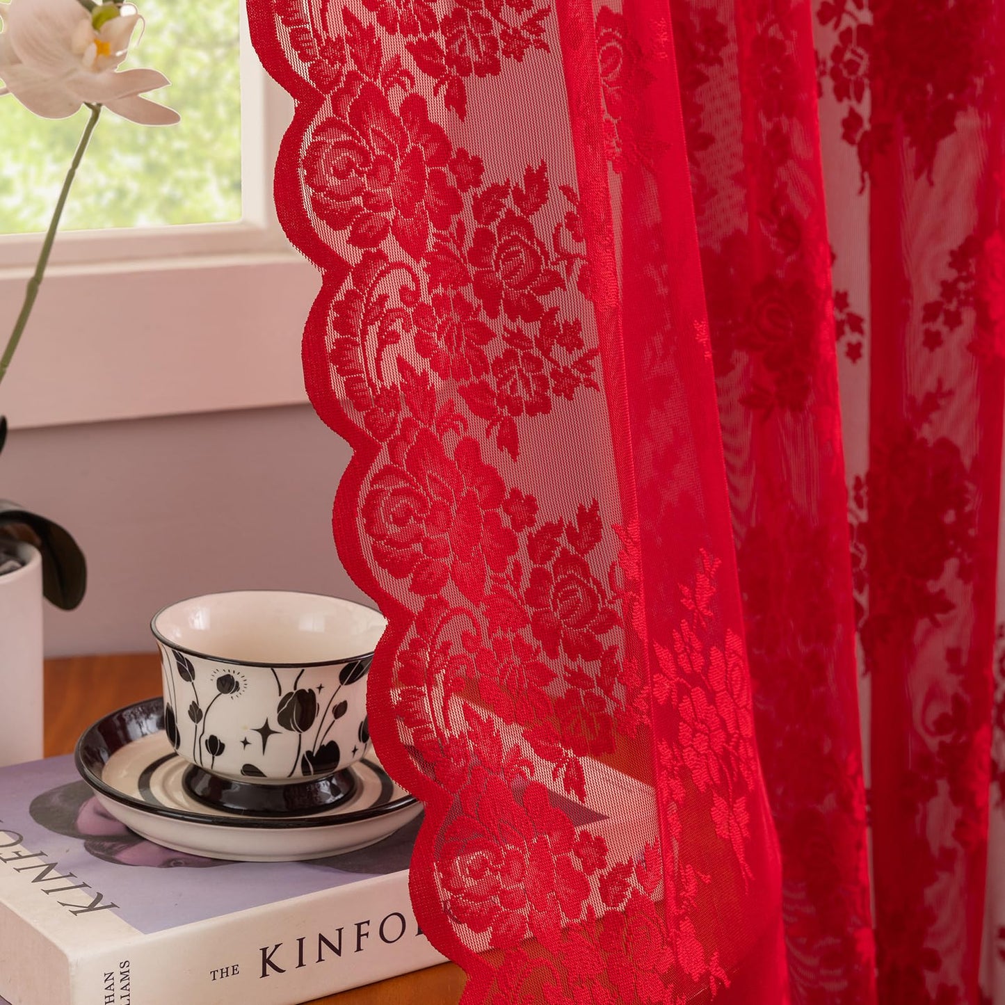 Kotile Red Sheer Lace Curtains 96 Inches Long, W52 x L96 Inch, 2 Panels Country Rustic Floral Red Lace Curtains for Living Room, Rod Pocket Privacy Light Filtering Christmas Sheer Window Curtain
