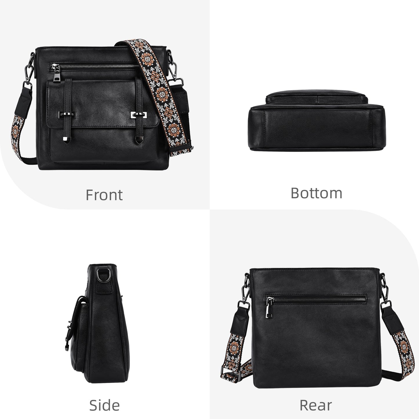 Iswee Soft Leather Crossbody Bags for Women Shoulder Handbags Multi Pocket Travel Purse with Adjustable Strap Medium Size (Black)